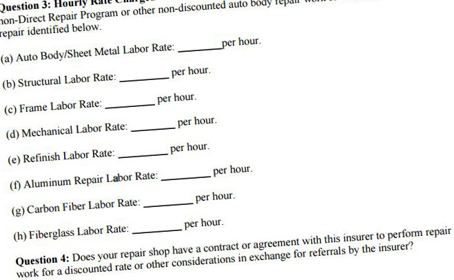 A California Department of Insurance sample version of a collision repair labor rate survey. (Provided by California Department of Insurance)