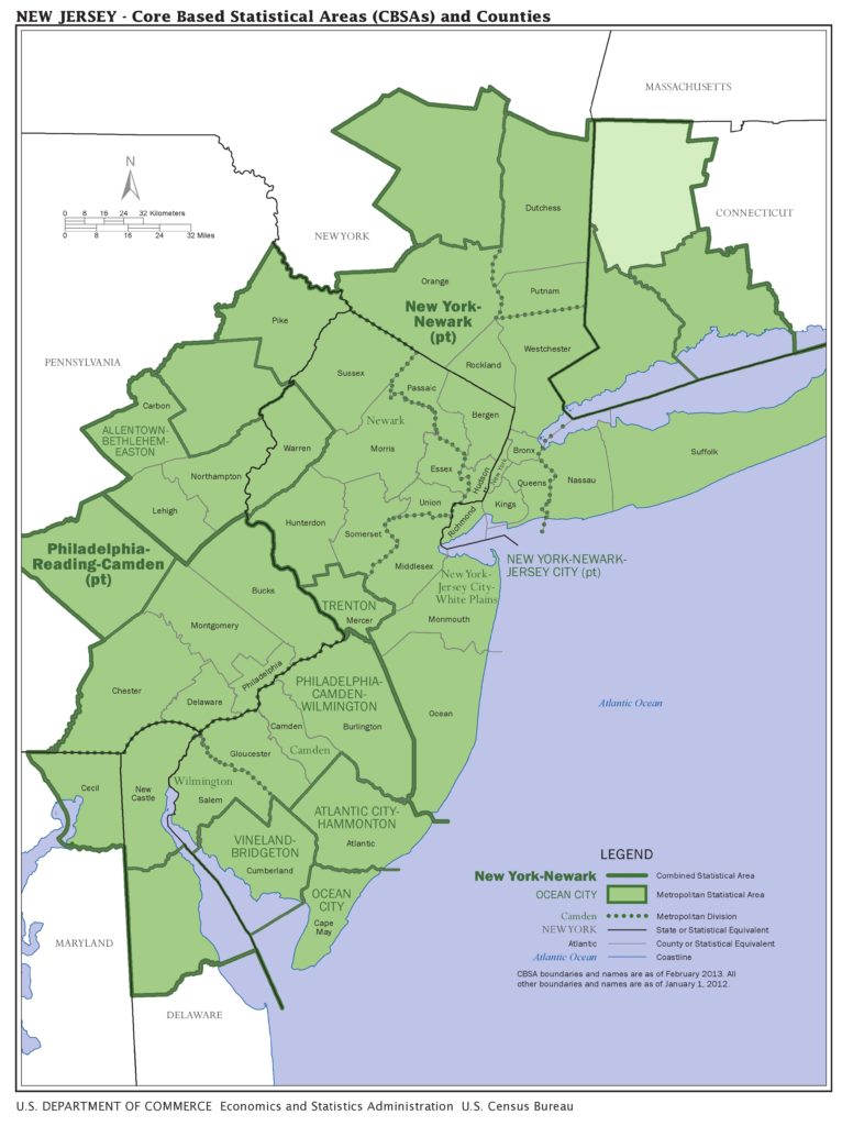 This Census Bureau Economics and Statistics Administration map shows core-based statistical areas in New Jersey and surrounding states. (Provided by U.S. Census Bureau)