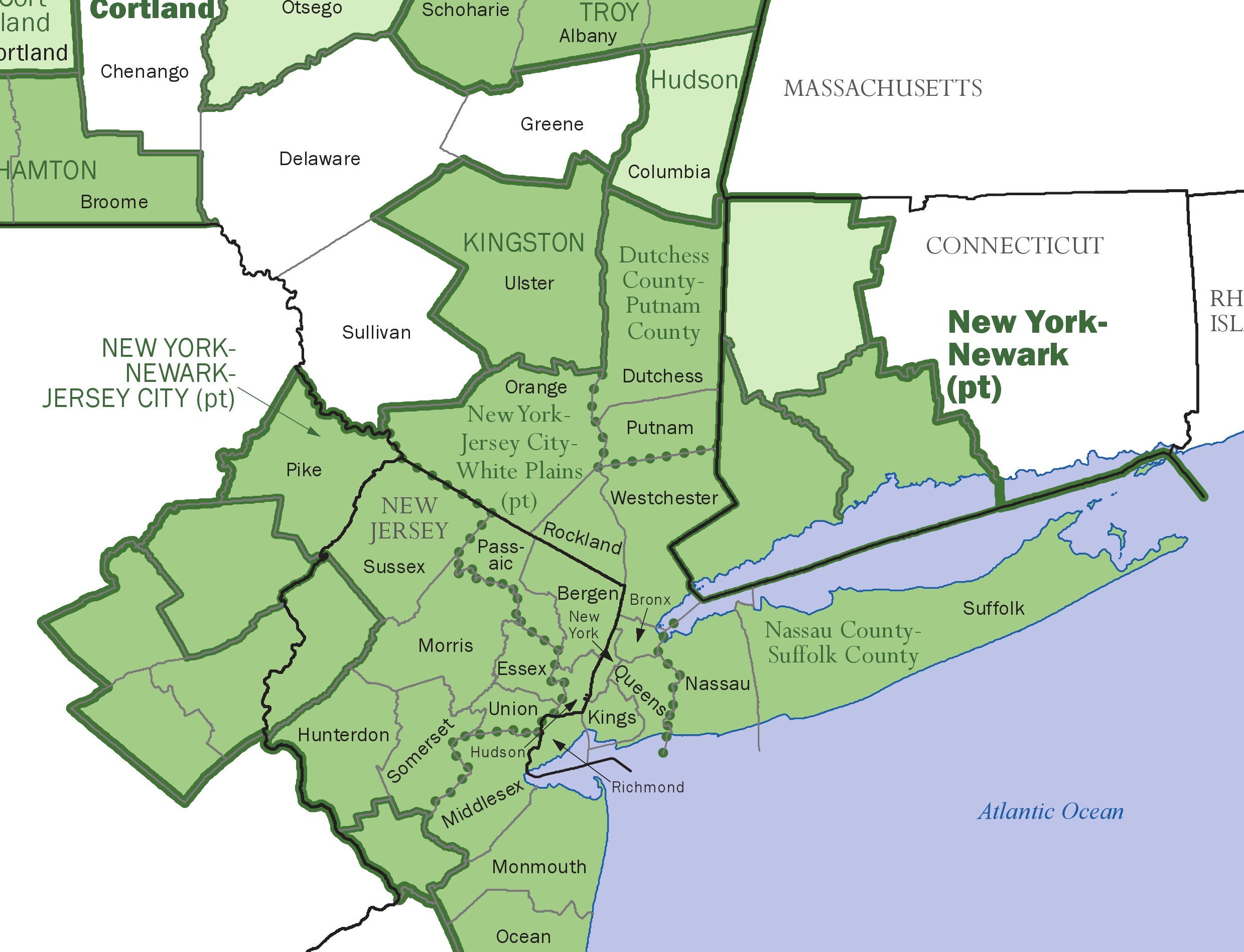 This Census Bureau Economics and Statistics Administration map shows core-based statistical areas in New York City, Long Island and surrounding states. (Provided by U.S. Census Bureau)