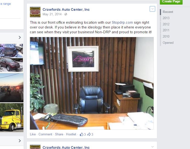 This screenshot from Crawford's Auto Center's Facebook page shows an anti-direct repair program sign at the business, which is suing insurers. (Screenshot from www.facebook.com)
