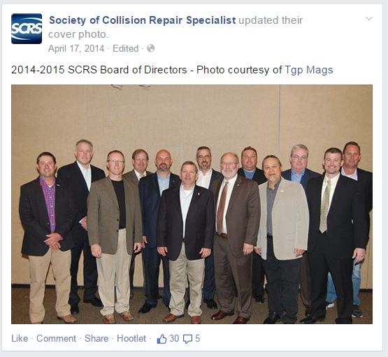 This Facebook post shows the 2014-15 Society of Collision Repair Specialists Board of Directors. The photo seen was provided by Thomas Greco Publishing. (From SCRS Facebook page)