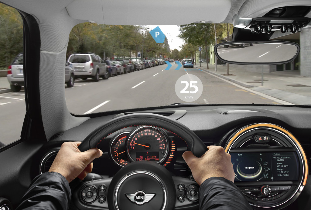 This image provided by BMW shouls the view from a pair of MINI Augmented Vision glasses. (Provided by BMW)