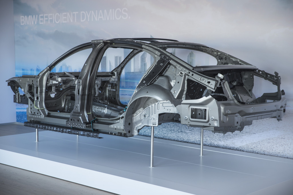 Another view of the body of a new BMW 7 series. The black portions appear to be carbon-fiber. (Provided by BMW)