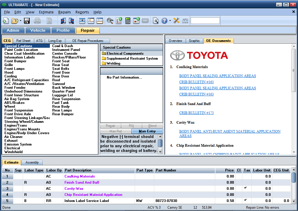 Mitchell has integrated Toyota's Recommended Repair Procedures within Mitchell Estimating, allowing users of the desktop service to obtain a list of all Toyota's recommended parts and labor required for a repair. (Provided by Mitchell)