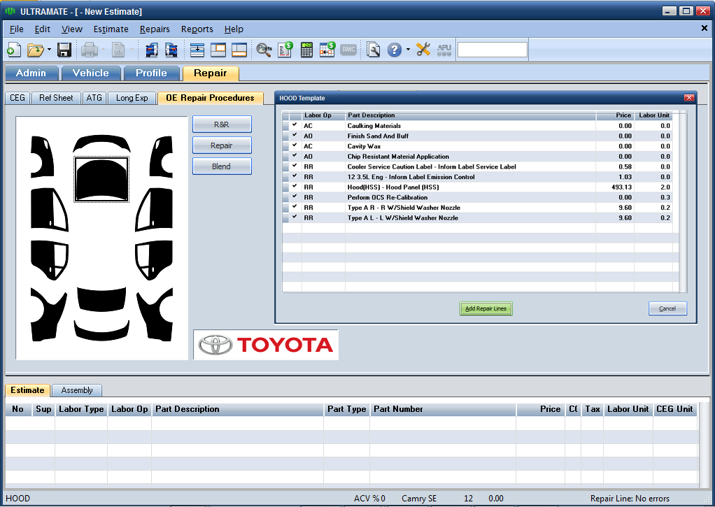 Mitchell has integrated Toyota's Recommended Repair Procedures within Mitchell Estimating, allowing users of the desktop service to obtain a list of all Toyota's recommended parts and labor for a particular repair. (Provided by Mitchell)