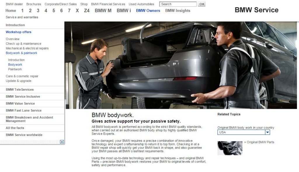 This screenshot from BMW's website shows an advertisement for its body shop network. (Screenshot from www.bmwusa.com)