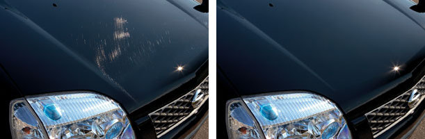 Before and after photos of Nissan's "Scratch Guard" paint, later known as "Scratch Shield." (Provided by Nissan)
