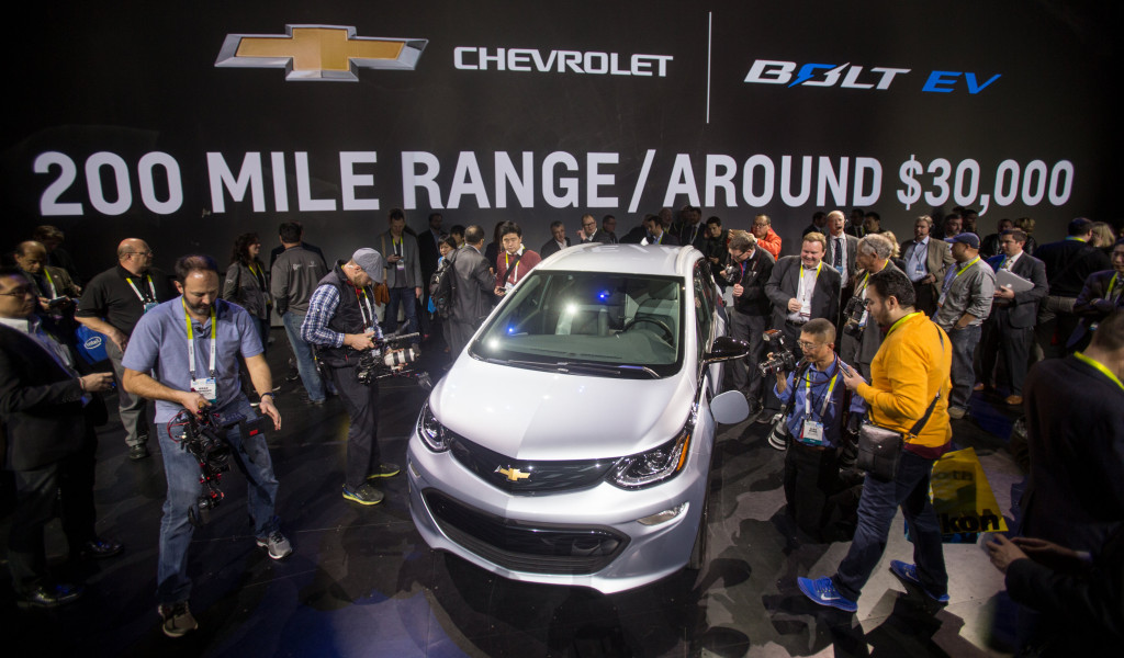 The 2017 Chevrolet Bolt EV is revealed on Jan. 6, 2016, at the Consumer Electronics Show. (Steve Fecht for Chevrolet/Copyright General Motors)
