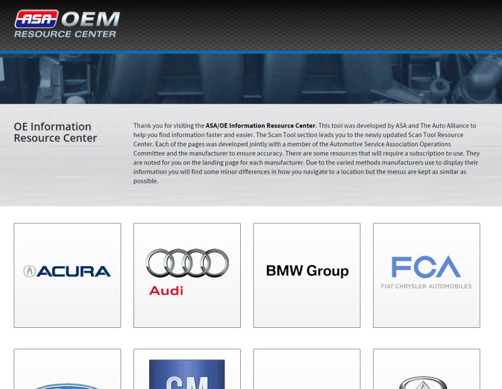 A screenshot of the Automotive Service Association-Alliance of Automobile Manufacturers OEM Resource Center is shown.