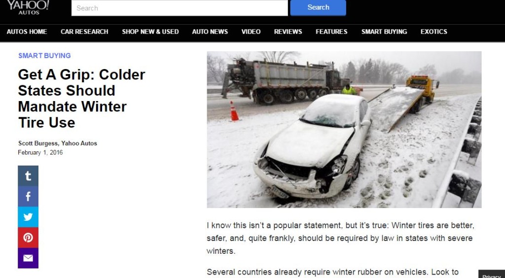 Amid all the high-tech solutions under development to reduce crashes, a Yahoo Autos writer has argued for the low-tech answer of cold states mandating snow tires. (Screenshot of www.yahoo.com/autos)