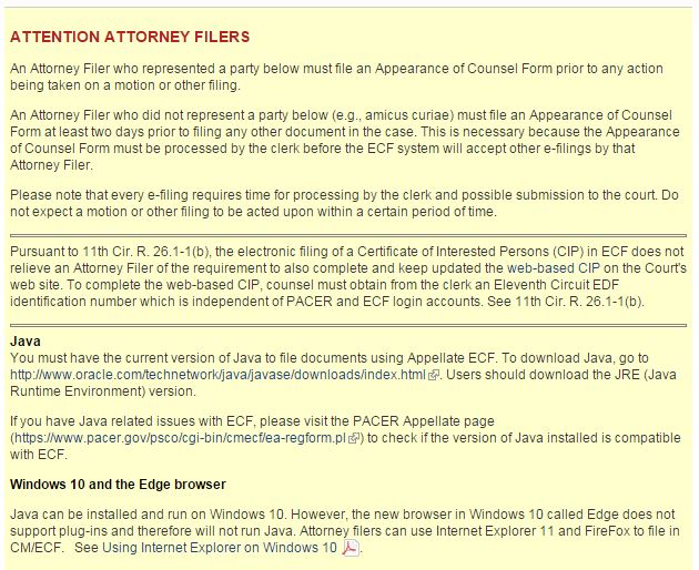 Attorneys for State Farm, GEICO, Allstate, Progressive and other major national insurers observed that the Eleventh Circuit Court of Appeals' website educates lawyers on the Java issue and how to compensate for the complications described by Eaves Law Firm. (Screenshot of Eleventh Circuit Court of Appeals website)
