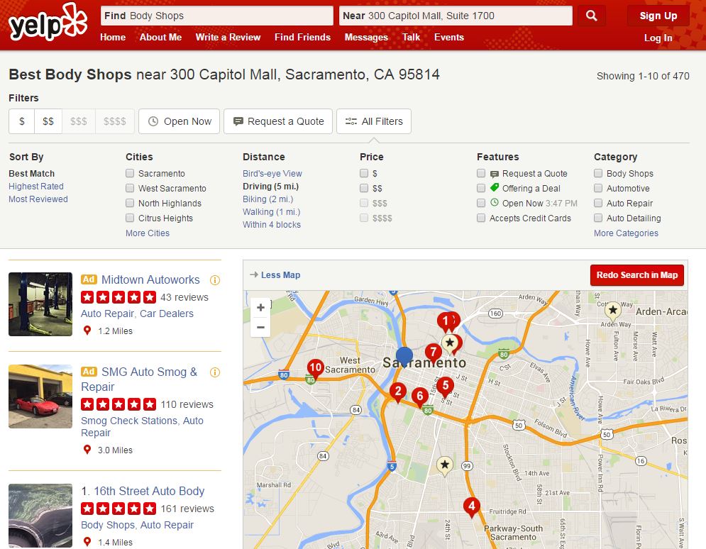 Here's a map of some of what Yelp displays as body shops within 5 miles of the California Insurance Department's Sacramento office. (Screenshot from www.yelp.com)