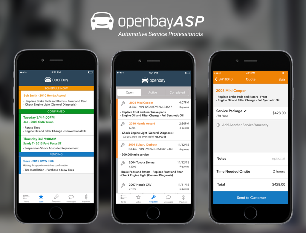 Sample screenshots of Openbay for a service professional. (Provided by Openbay)