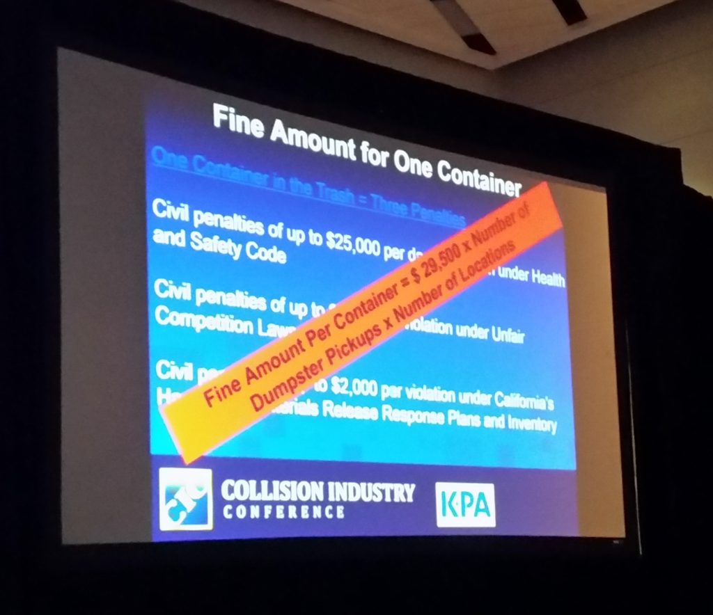 This slide from environmental consulting firm KPA displays potential California fines for environmental noncompliance. (Provided by KPA; photo by John Huetter/Repairer Driven News)