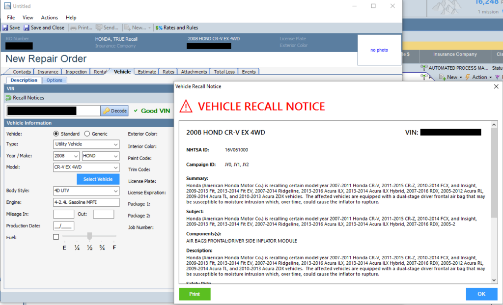 A sample CCC TRUE Recall notice a repairer would see in CCC ONE under a new CCC-Honda partnership. (Provided by CCC)