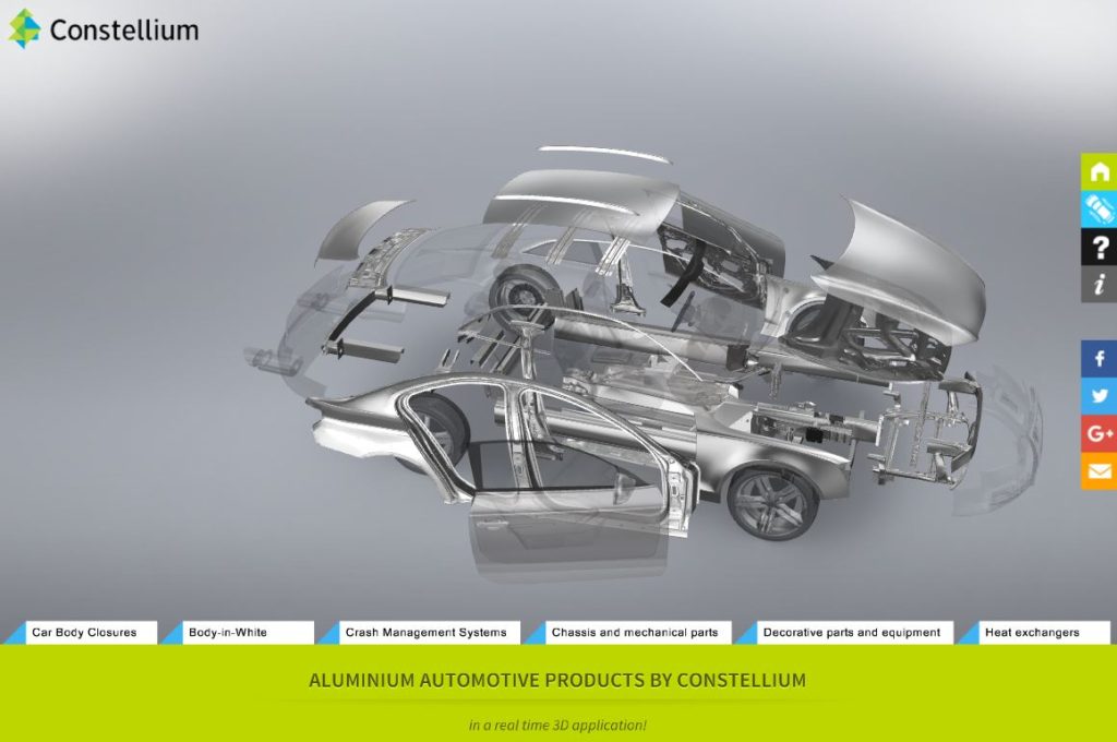 Shops and OEMs wondering about the potential for aluminum on upcoming model years might enjoy touring a new interactive showing how much of a vehicle body Constellium can make out of the metal. (Screenshot from www.automotive.products.constellium.com)