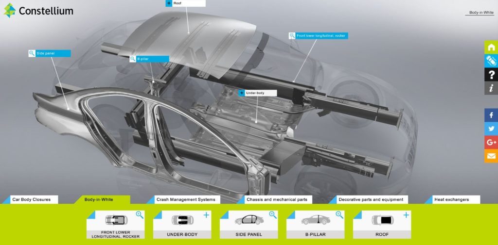 Shops and OEMs wondering about the potential for aluminum on upcoming model years might enjoy touring a new interactive showing how much of a vehicle body Constellium can make out of the metal. (Screenshot from www.automotive.products.constellium.com)