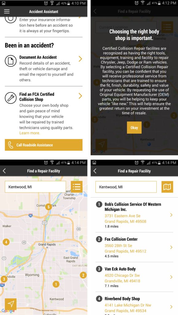 Screenshots related to finding a certified collision shop from the FCA Mopar owners' app. (Screenshots from the Mopar Companion app)